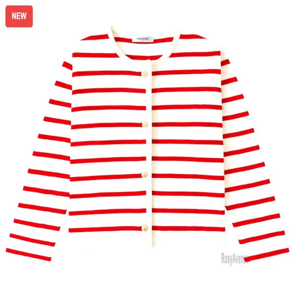 Striped Cardigan Sweater Classic Crewneck Button Down Knit Long Sleeve